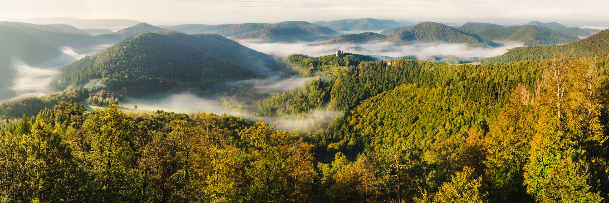 Brume matinale sur les Vosges du Nord et le château de Fleckeinstein